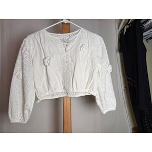Zara Girls White Eyelet Embroidery Cropped Blouse 3D Floral Applique Size 10